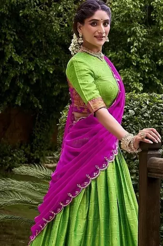Traditional Perrot Poly Cotton Half Saree With Zari Weaving Work Lehenga Choli