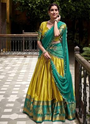 Traditional Yellow Poly Cotton Half Saree With Zari Weaving Work Lehenga Choli 4