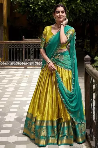 Traditional Yellow Poly Cotton Half Saree With Zari Weaving Work Lehenga Choli