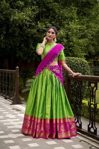 Traditional Perrot Poly Cotton Half Saree With Zari Weaving Work Lehenga Choli