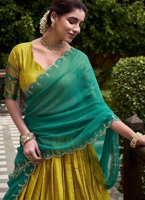 Traditional Yellow Poly Cotton Half Saree With Zari Weaving Work Lehenga Choli 5