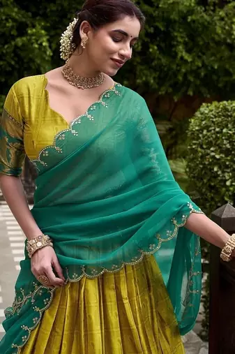 Traditional Yellow Poly Cotton Half Saree With Zari Weaving Work Lehenga Choli