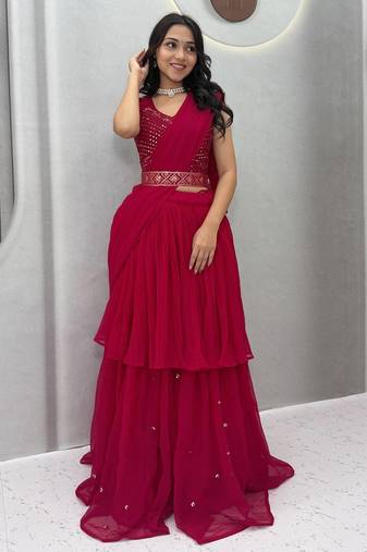Pink Color  Embroidery ,sequence, Mirror And Thread work Fuax georgette Lehenga Choli Set