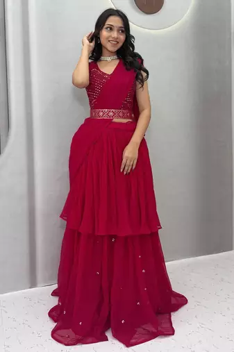 Pink Color  Embroidery ,sequence, Mirror And Thread work Fuax georgette Lehenga Choli Set