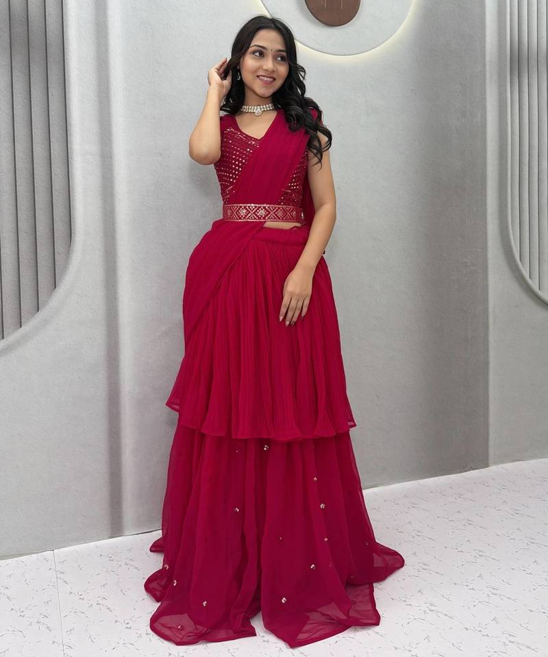 Pink Color  Embroidery ,sequence, Mirror And Thread work Fuax georgette Lehenga Choli Set