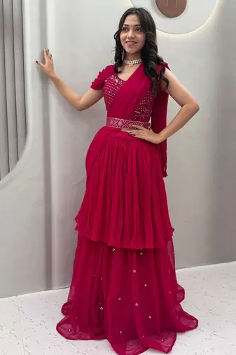 Pink Color  Embroidery ,sequence, Mirror And Thread work Fuax georgette Lehenga Choli Set