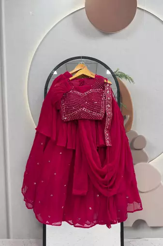 Pink Color  Embroidery ,sequence, Mirror And Thread work Fuax georgette Lehenga Choli Set