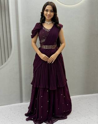 Wine Color  Embroidery ,sequence, Mirror And Thread work Fuax georgette Lehenga Choli Set 1