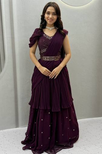 Wine Color  Embroidery ,sequence, Mirror And Thread work Fuax georgette Lehenga Choli Set