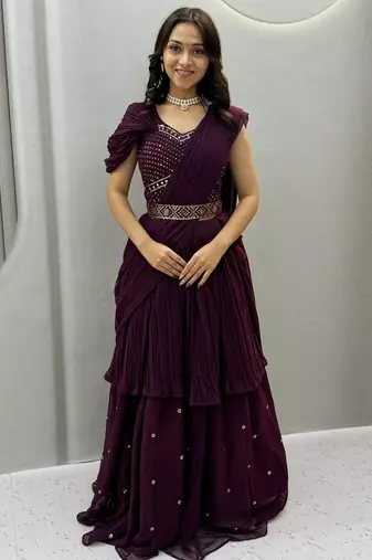 Wine Color  Embroidery ,sequence, Mirror And Thread work Fuax georgette Lehenga Choli Set