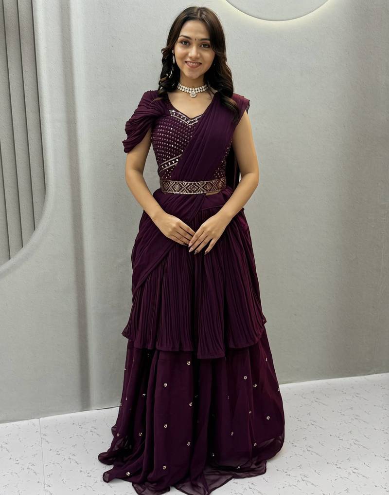Wine Color  Embroidery ,sequence, Mirror And Thread work Fuax georgette Lehenga Choli Set