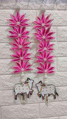 flower booti with cow hanging for decor your home  gifting  prosperity (pack of 2) (pink)  1