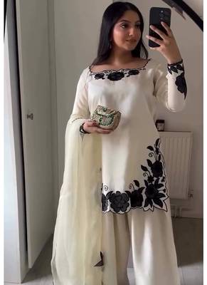 White fendy silk embroidery thread work patiala suit 3