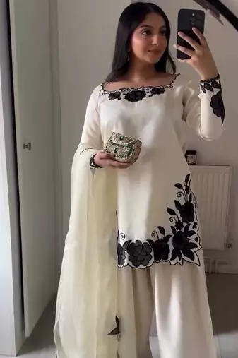 White fendy silk embroidery thread work patiala suit