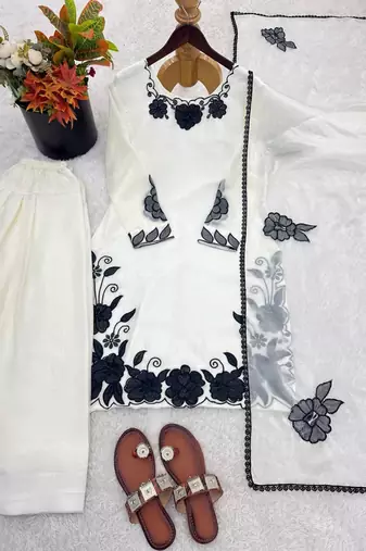 White fendy silk embroidery thread work patiala suit