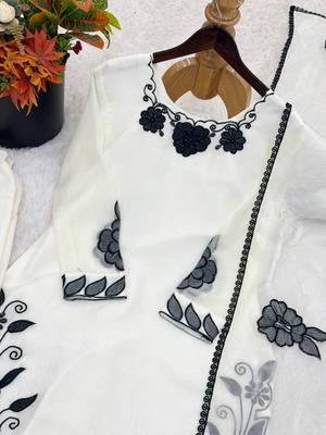 White fendy silk embroidery thread work patiala suit 5