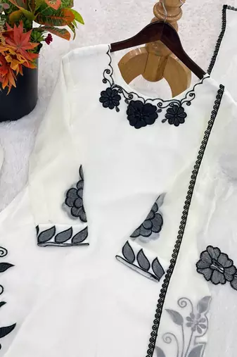 White fendy silk embroidery thread work patiala suit