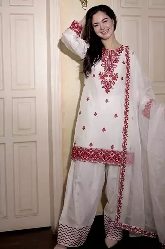 White reyon cotton embroidery thread work patiala suit
