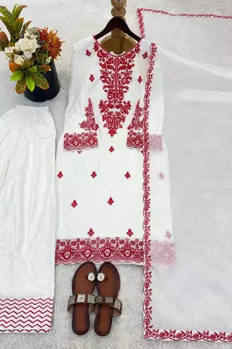White reyon cotton embroidery thread work patiala suit