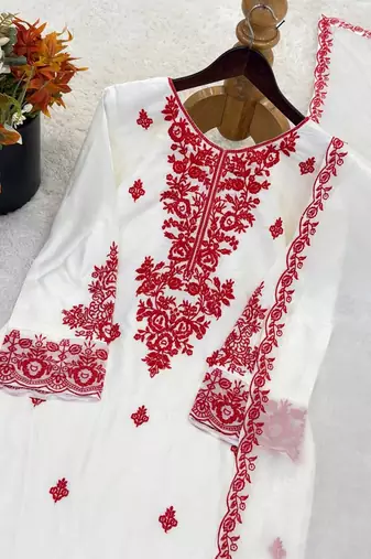 White reyon cotton embroidery thread work patiala suit