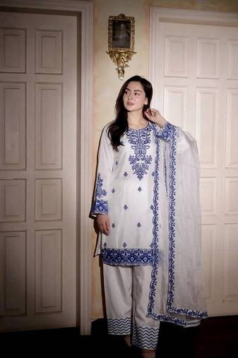 White reyon cotton embroidery thread work patiala suit
