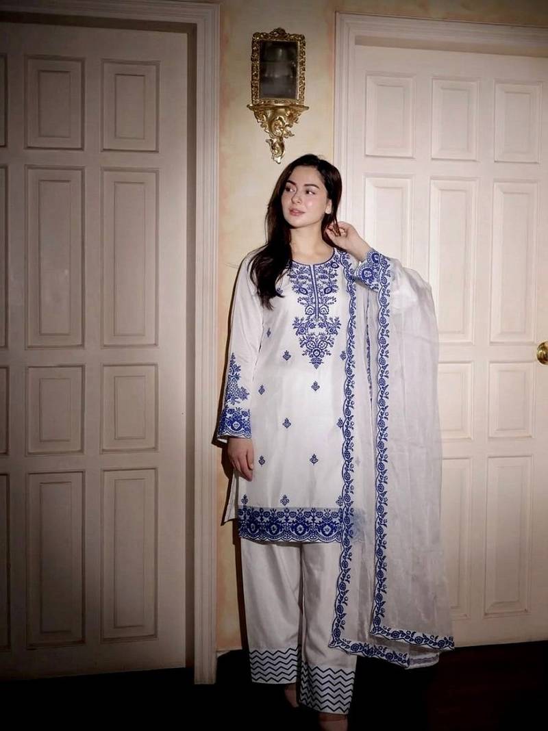 White reyon cotton embroidery thread work patiala suit