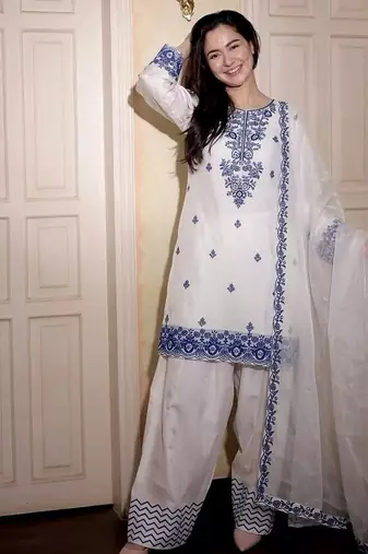 White reyon cotton embroidery thread work patiala suit