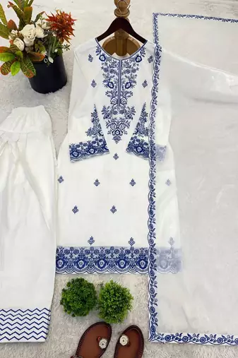 White reyon cotton embroidery thread work patiala suit