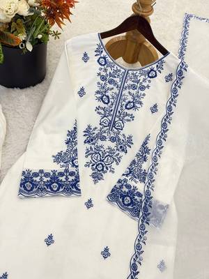 White reyon cotton embroidery thread work patiala suit 5