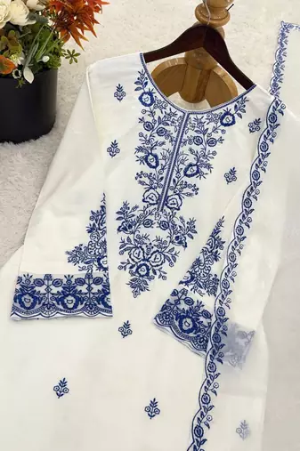 White reyon cotton embroidery thread work patiala suit