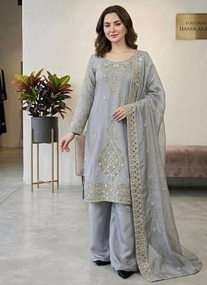 Grey silk blend embroidered beads work plazzo suit 1