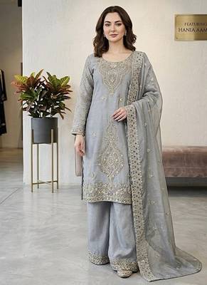 Grey silk blend embroidered beads work plazzo suit 2