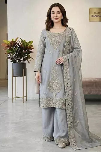 Grey silk blend embroidered beads work plazzo suit