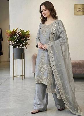 Grey silk blend embroidered beads work plazzo suit 3