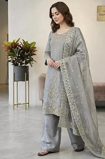 Grey silk blend embroidered beads work plazzo suit