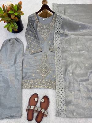 Grey silk blend embroidered beads work plazzo suit 4
