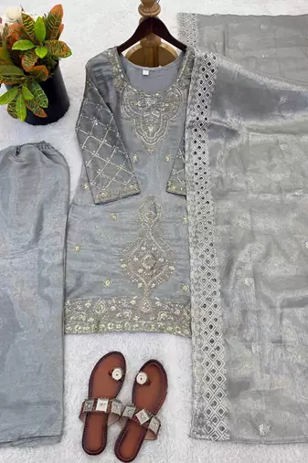 Grey silk blend embroidered beads work plazzo suit