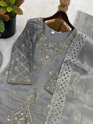 Grey silk blend embroidered beads work plazzo suit 5