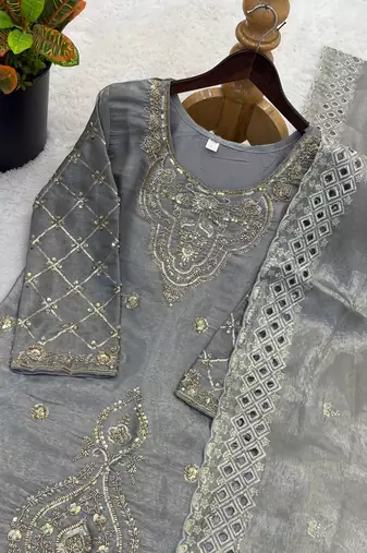 Grey silk blend embroidered beads work plazzo suit