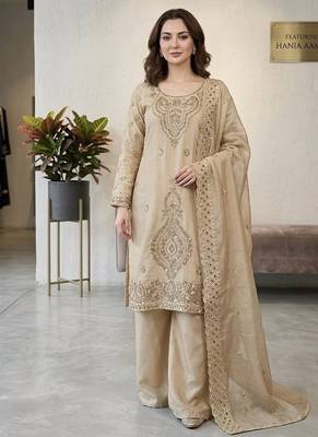 Grey silk blend embroidered beads work plazzo suit 1