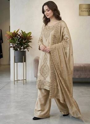 Grey silk blend embroidered beads work plazzo suit 3
