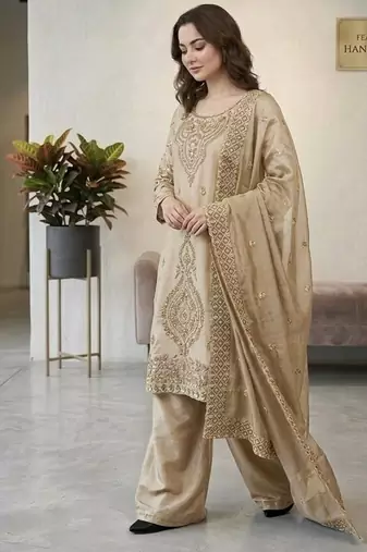 Grey silk blend embroidered beads work plazzo suit