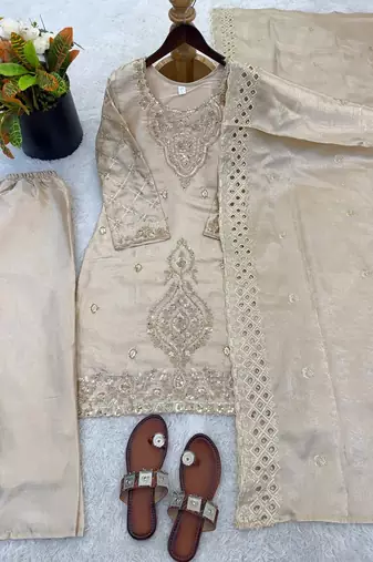 Grey silk blend embroidered beads work plazzo suit