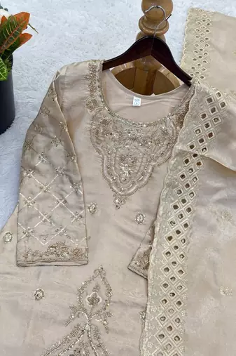Grey silk blend embroidered beads work plazzo suit