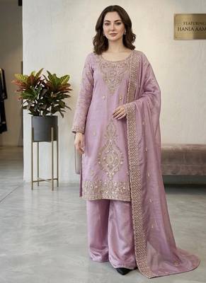 Lavender silk blend embroidered beads work plazzo suit 1