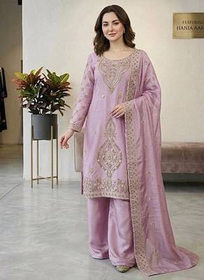 Lavender silk blend embroidered beads work plazzo suit 2