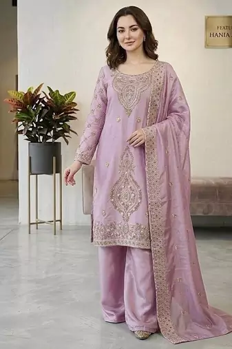 Lavender silk blend embroidered beads work plazzo suit