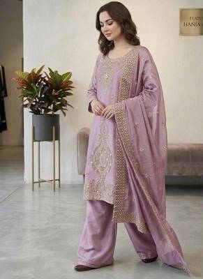 Lavender silk blend embroidered beads work plazzo suit 3