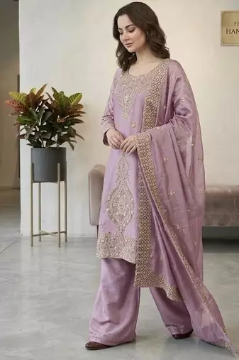Lavender silk blend embroidered beads work plazzo suit