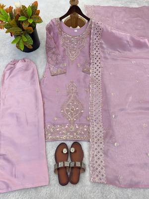 Lavender silk blend embroidered beads work plazzo suit 4